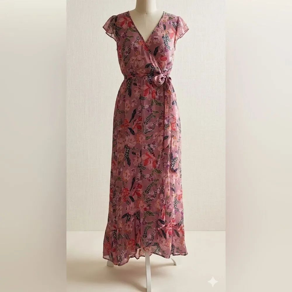 Floral Faux Wrap Maxi Dress Flutter Sleeve Boho Romantic Soft Pink Extra Small